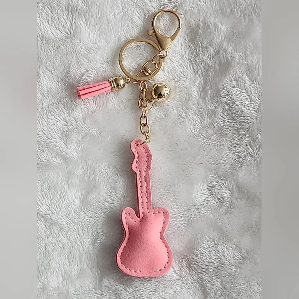 Pink and Gold Guitar Keychain Bag Charm